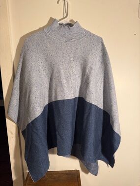 Ann Taylor Light Blue and Navy Colorblock Mock Neck Poncho Sweater